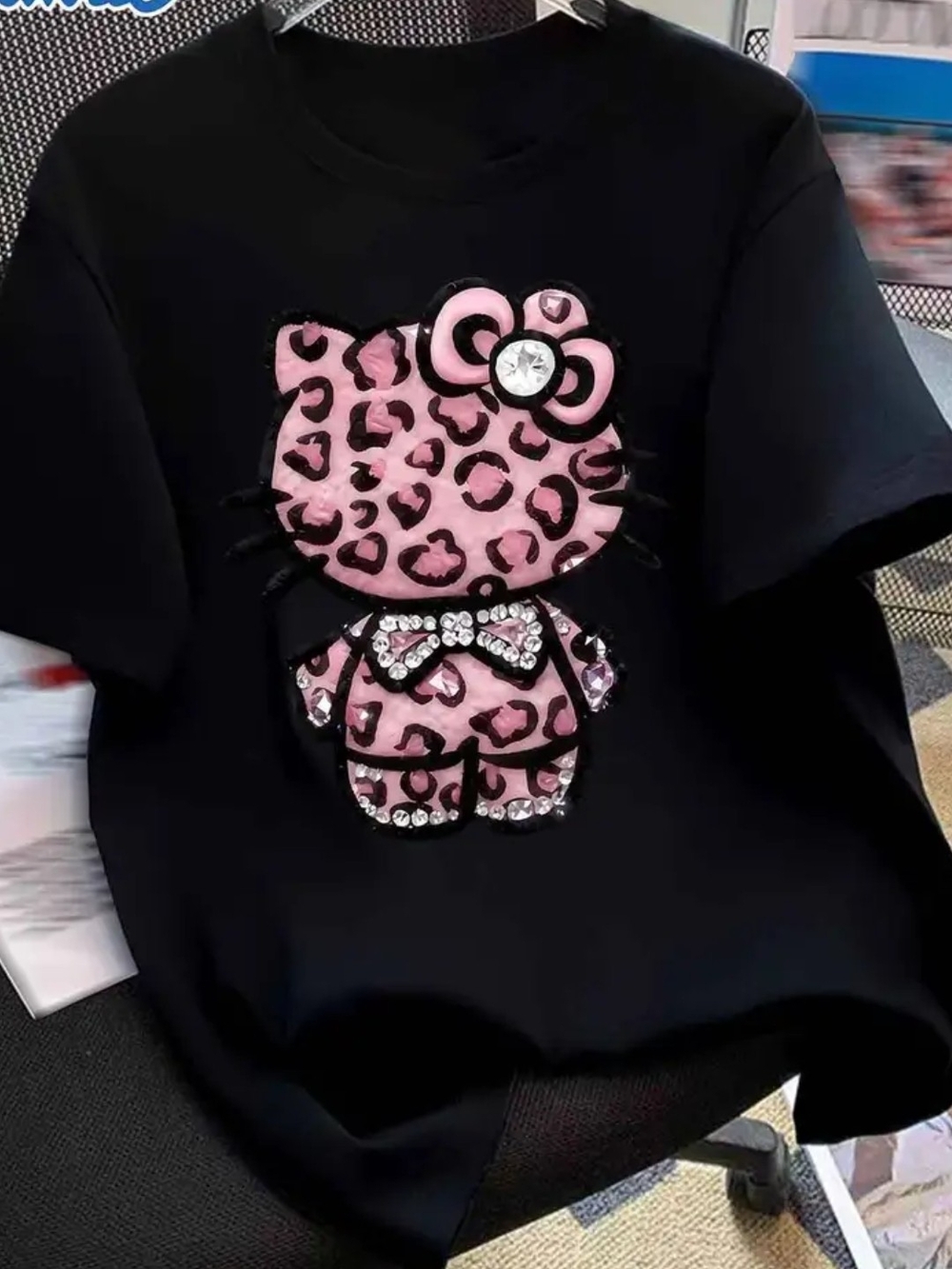 Black LEOPARD MISS KITTY Short Sleeve Tee with Pink Leopard Kitty Applique